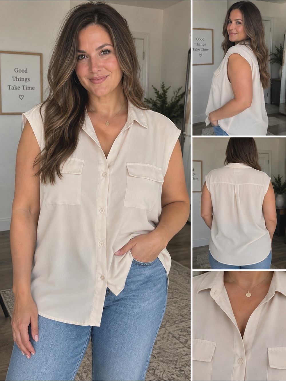 2 for $25 beige and powder blue Sleeveless Button-Front Shirt Tank in Soft Cream